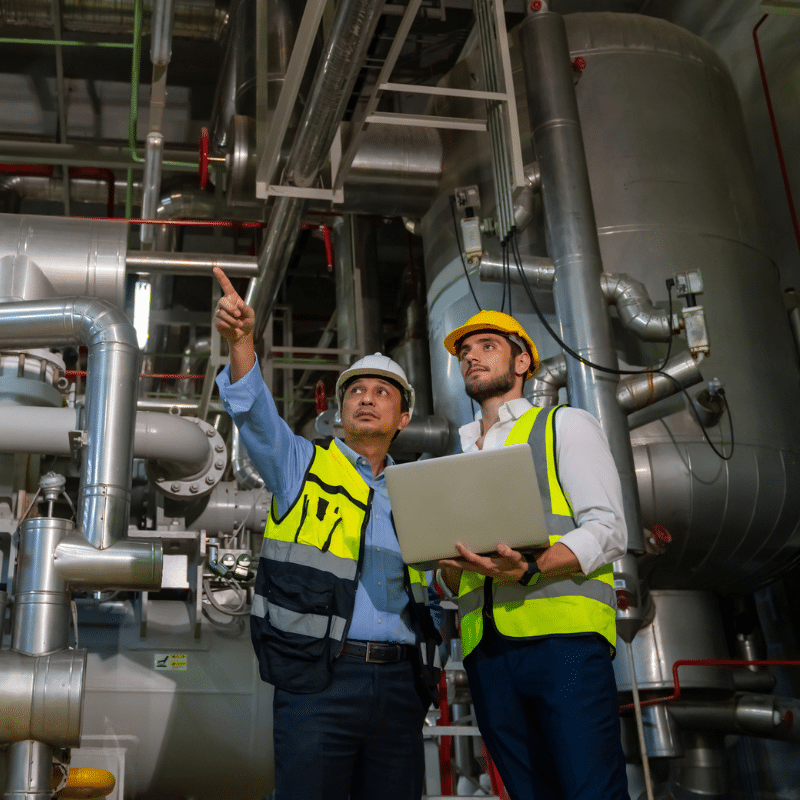 Two men in shirts with high vis vests and helmets, standing with a laptop in a factory.